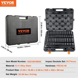 VEVOR 1/2" Drive Impact Socket Set, 65 Piece SAE 3/8" to 1-1/4" and Metric 10-24mm, 6 Point Cr-V Alloy Steel for Auto Repair, Easy-to-Read Size Markings, Rugged Construction, Storage Case 18 VEVOR 1/2" Drive Impact Socket Set, 65 Piece SAE 3/8" to 1-1/4" and Metric 10-24mm, 6 Point Cr-V Alloy Steel for Auto Repair, Easy-to-Read Size Markings, Rugged Construction, Storage Case - Image 8