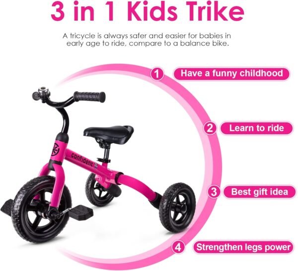 YGJT 3 in 1 Tricycle for Toddlers Age 2-5 Years Old, Folding Kids Balance Bike with Adjustable Seat and Removable Pedal, Toddler Bike Ride-on Toys for Infant, Gifts for Baby Boys Girls Birthday(Pink) 4 71t6hXQ c3L. AC SL1500