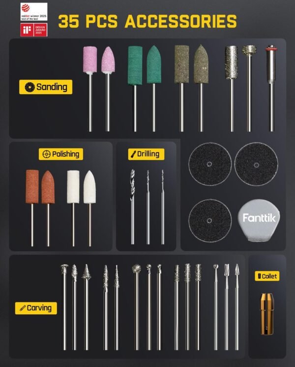 Fanttik F2 Master Mini Cordless Rotary Tool Kit, NeoPulse Motor, 5 Variable Speed, 25000 RPM, Revostor Hub, 35 Accessories, for 3D Printer Sanding, Polishing, Drilling, Carving, DIY Crafts 9 71u99IJ+ahL. AC SL1500