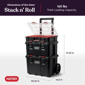 Keter Stack-n-Roll Modular Tools Organizer for Garage Storage and DIY, 3 Piece Resin Rolling Tool Box System for Small Parts, Black - Image 4