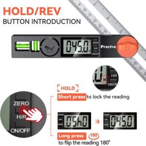 Preciva T-Bevel Gauge & Protractor with Horizontal and Vertical Bubble,0-338° Digital Angle Finder Protractor 230mm/8inch Display for Carpentry Woodworking, Metalworking, Construction - Image 5