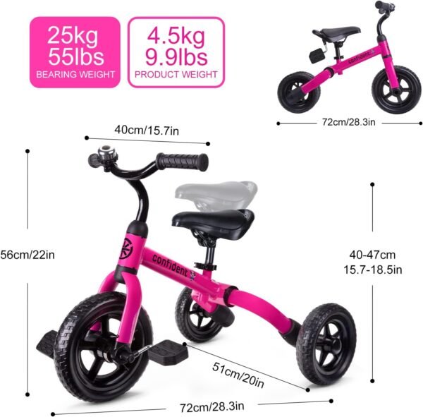 YGJT 3 in 1 Tricycle for Toddlers Age 2-5 Years Old, Folding Kids Balance Bike with Adjustable Seat and Removable Pedal, Toddler Bike Ride-on Toys for Infant, Gifts for Baby Boys Girls Birthday(Pink) 8 71z2FzZGM4L. AC SL1500