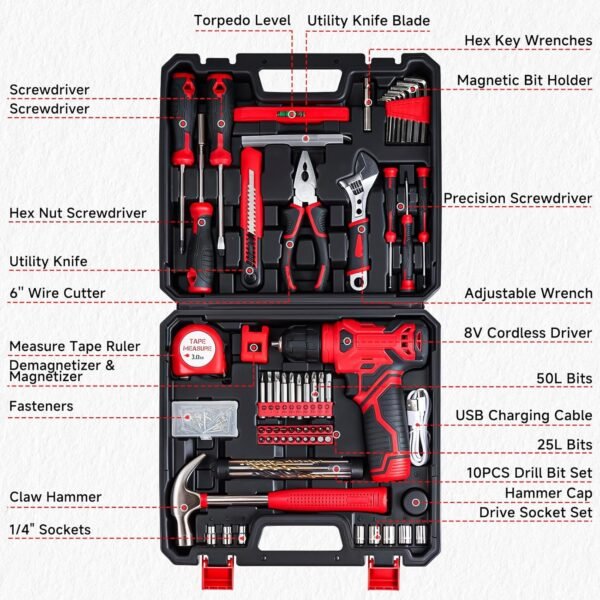 Tool Set - 8V Cordless Drill Kit, 132 Piece Box With Hand Drill, Home Kits for Men & Women, Perfect for Homeowner, Diyer, Handyman 7 813Pz2hasKL. AC SL1500