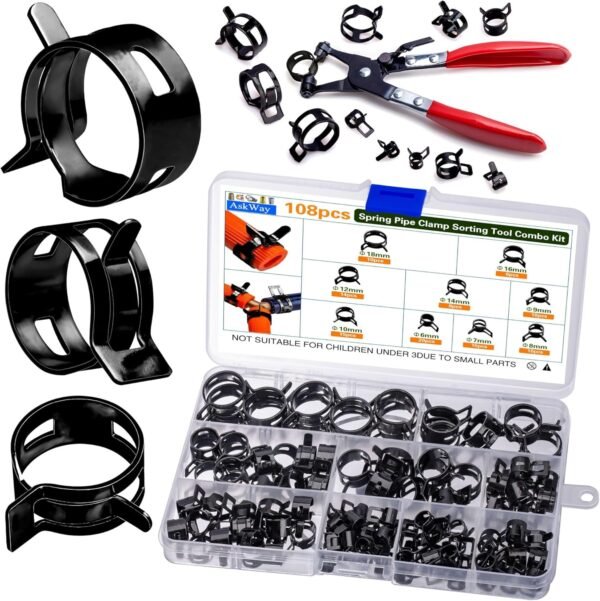 108pcs Spring Pipe Clamps, With Spring Pipe Clamp Tools, 9 Sizes 6-18mm Spring Hose Clamps, Used To Fix Hose Interfaces In Automotive, Marine, Gardening, Industrial Applications (1, Black) 2 814rCFDPdsL. AC SL1500