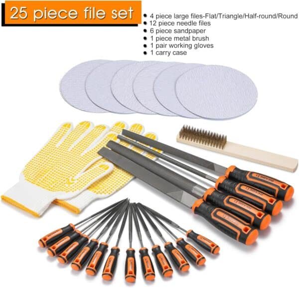 REXBETI 25Pcs Metal File Set, Premium Grade T12 Drop Forged Alloy Steel, Flat/Triangle/Half-round/Round Large File and 12pcs Needle Files with Carry Case, 6pcs Sandpaper, Brush, A Pair Working Gloves 3 817ir OGiiL. AC SL1500