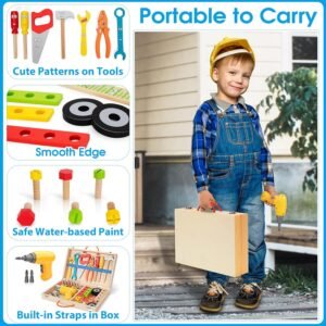 Kids Tool Set with Electric Drill, 46 Pcs Wooden Toddler Play Tools Set with Tool Box, Montessori STEM Educational Construction Building Toy for 3 4 5 6 Year Old Boys Girls Birthday Gifts - Image 8