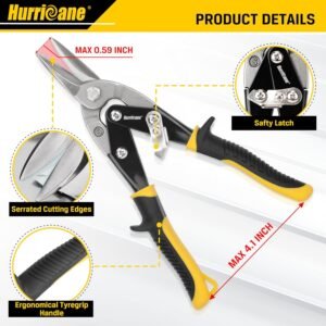 HURRICANE 10 Inch Aviation Tin Snips, Heavy Duty Metal Cutter Shears for Cutting Sheet Metal, Straight Cut Aviation Snips - Image 3