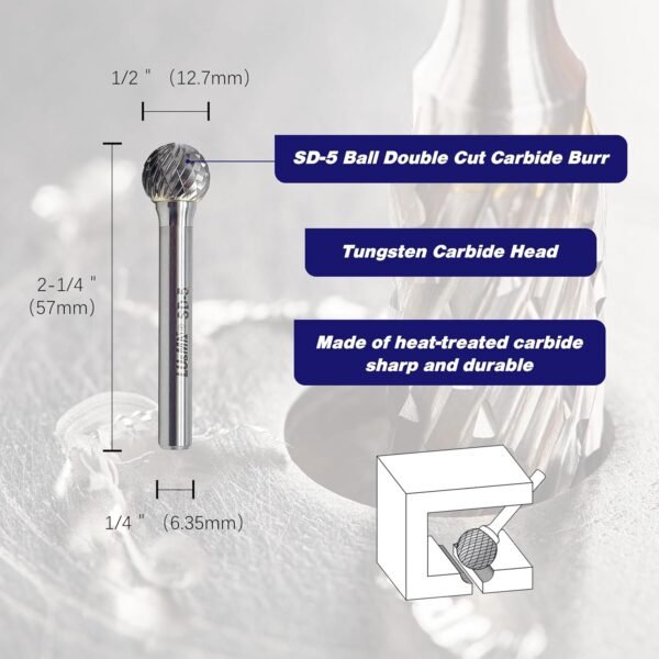 SD-5 Tungsten Carbide Burr ball Shape Double Cut Rotary Burrs File(1/2''cutter Dia , 1/2''Cutter Length) with 1/4'' (6.35mm) Shank dia, used for metalwork, tool making, engineering, grinding by LU&MN 3 81fQtKqs22L. AC SL1500