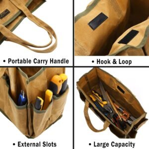 16OZ Waxed Canvas Tool Tote Bag | Large-Capacity Tool Storage Tote with 10 External Pockets | Multi-Purpose Garden Tool Carrier for Gardening, Wrench, and Carpentry Tools – Khaki - Image 5