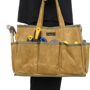16OZ Waxed Canvas Tool Tote Bag | Large-Capacity Tool Storage Tote with 10 External Pockets | Multi-Purpose Garden Tool Carrier for Gardening, Wrench, and Carpentry Tools – Khaki - Image 7