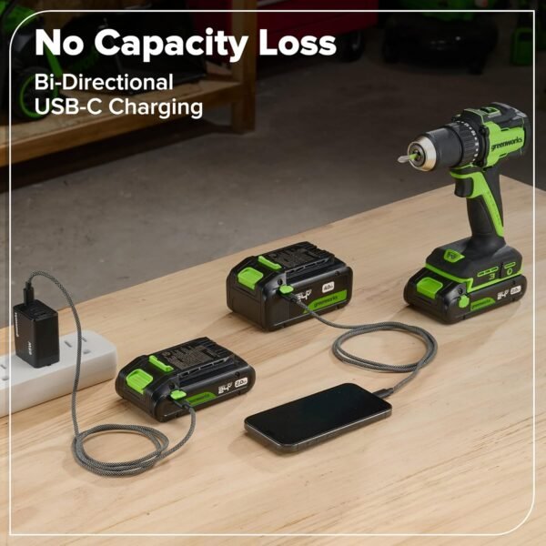 GREENWORKS 24V (4-TOOL) Combo (1/2” Drill + 1/4” Impact Driver + 6.5” Circular Saw + 200Lm Flashlight), 4.0Ah + 2.0Ah Batteries (24,000mAh Power Bank), (2) Braided Cables, 65W Rapid Charger 24 1764059921 81Q5t93qFwL. AC SL1500