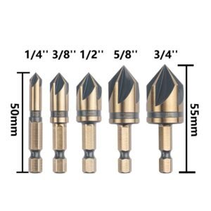 Cobalt Countersink Drill Bits Set(5PCS), M35 HSSCO 82 Degree 5 Flutes,1/4 Inch Quick Change Hex Shank for Stainless Steel, Metal, Wood, Carbon Steel 1/4'' 3/8'' 1/2'' 5/8'' 3/4'' - Image 6