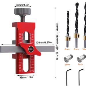 Cabinet Door Installation Jig, 2-in-1 Mounting Tool with Adjustable Positioner, Aluminium Alloy Versatile Cabinet Door Positioning Tool for Most Cabinet Doors with 3 Drill Bits (Red) - Image 3