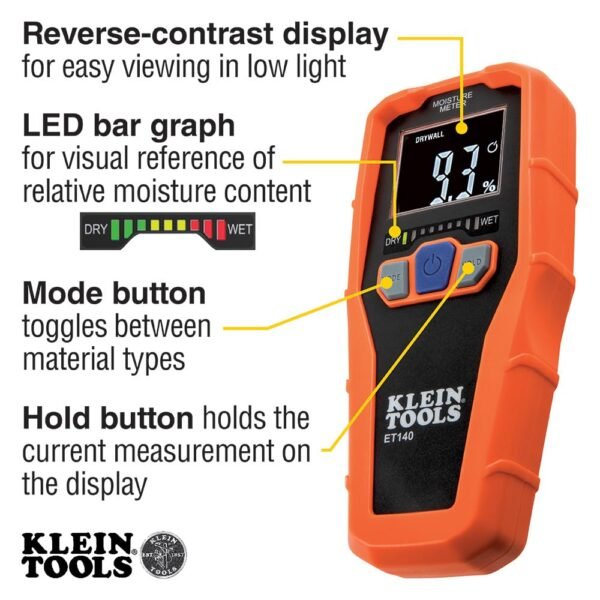 Klein Tools ET140 Pinless Moisture Meter for Non-Destructive Moisture Detection in Drywall, Wood, and Masonry; Detects up to 3/4-Inch Below Surface 4 615ZWJ41CjL. SL1000