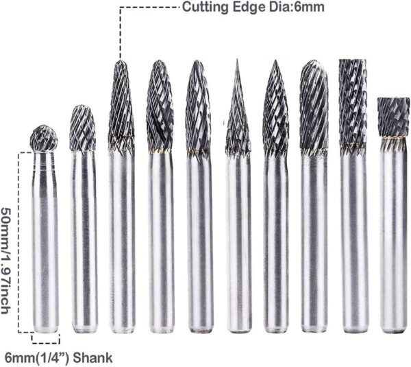 10pc Tungsten Carbide Burr Set 1/4" Shank Double Cut Rotary Cutting Burr Set Die Grinder Bits for Steel Metal Wood Woodworking Carving, Polishing, and Engraving 4 61G+5lzJWrL. AC SL1000