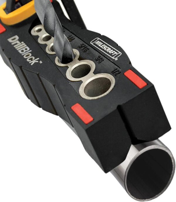 Milescraft 1312 Drill Block - Handheld Drilling Guide, Drilling Jig with Drill Guides for 6 of the Most Common Imperial Drill Bit Sizes, Precision Drilling Tool Accessory 5 61Jx ttgCTL. AC SL1500