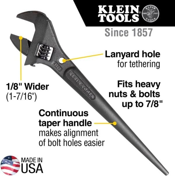 Klein Tools 3227 Extra Wide Adjustable Wrench, Made in USA, Construction Spud Wrench for Up to 1-7/16-Inch Nuts and Bolts, 10-Inch, with Tether Hole 3 61Vco4t gnL. AC SL1000