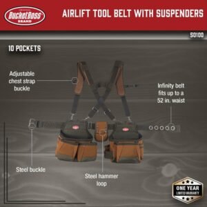 Bucket Boss - AirLift Tool Belt with Suspenders, Tool Belts - Original Series (50100) with 12 pockets, Brown , 52 Inch - Image 5