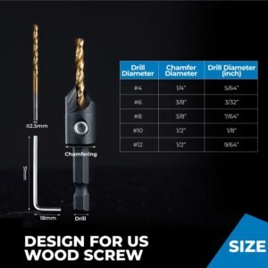 toolant Countersink Drill Bit Set,5Pcs Counter Sink Drill Bit Set for Wood,#4, #6, #8, #10, #12, High-Speed Steel 5 Spare Bits Adjustable for Woodworking and Carpentry, Pilot Screw Hole Set 16 toolant Countersink Drill Bit Set,5Pcs Counter Sink Drill Bit Set for Wood,#4, #6, #8, #10, #12, High-Speed Steel 5 Spare Bits Adjustable for Woodworking and Carpentry, Pilot Screw Hole Set - Image 8