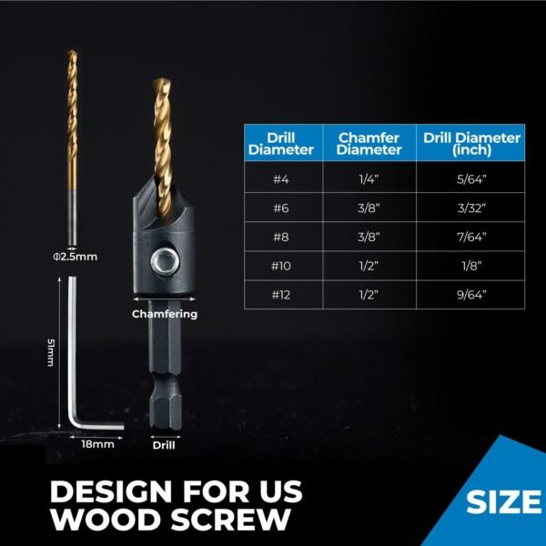 toolant Countersink Drill Bit Set,5Pcs Counter Sink Drill Bit Set for Wood,#4, #6, #8, #10, #12, High-Speed Steel 5 Spare Bits Adjustable for Woodworking and Carpentry, Pilot Screw Hole Set 8 61l7Hkrc2DL. SL1500