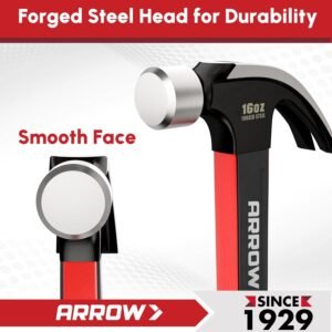 ARROW 16oz Claw Hammer with Shock-Absorbing Fiberglass Handle, Smooth Face and Forged Steel Head, Curved Claw Hammer for Carpentry and General Purpose - Image 5