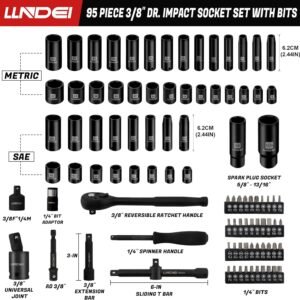 LLNDEI 3/8”Drive Impact Socket Set,Standard SAE(5/16 to 3/4-Inch) Metric Size(8-22mm), 95 Piece, CR-V Steel Deep&Shallow Kit, Adapters, Ratchet Handle, Screwdriver Bit Set, Spark Plug Socket, 6 Point - Image 3