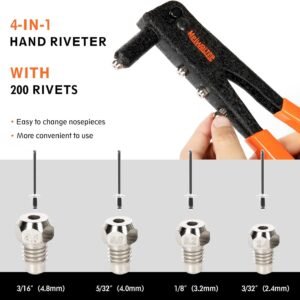 Meiwaltee Rivet Gun,Professional Pop Rivet Gun Kit with 200Pcs Rivets, 3/32"-1/8"-5/32"-3/16", Heavy Hand Riveter kit Suitable for Metal Work, Gutter, Automotive and Other Common DIY Projects - Image 4