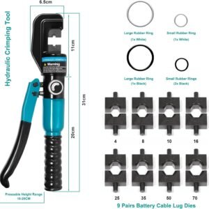 10 Tons Hydraulic Crimping Tool with 9 Dies - Battery Cable Crimper Tool & Wire Rope Crimping Tool for 12 to 2/0 AWG, 1/16" 1/8" 3/16" Stainless Steel Cable Railing Tool - Image 3