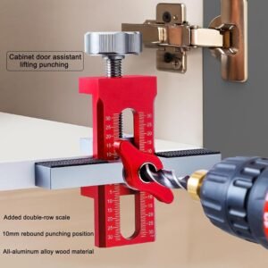 Cabinet Door Installation Jig, 2-in-1 Mounting Tool with Adjustable Positioner, Aluminium Alloy Versatile Cabinet Door Positioning Tool for Most Cabinet Doors with 3 Drill Bits (Red) - Image 5