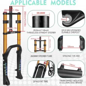 BUCKLOS 20 inch 4.0 Fat Tire E-Bike Air Suspension Fork, 180mm Travel Spacing Hub 135mm Straight Tube MTB Manual Lockout 9mm QR Mountain Bike Double Shoulder Electric Bicycle Front Forks Snow Beach - Image 3