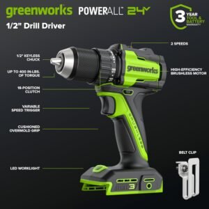 Greenworks 24V Cordless Brushless 400 in-lbs Drill/Driver+1950 in-lbs Impact Driver Combo,High Torque, Lightweight, (2) 2.0Ah USB-C Batteries(12,000mAh Power Bank) and 65W USB-C Fast Charger(3-Port) - Image 7