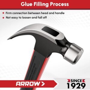 ARROW 16oz Claw Hammer with Shock-Absorbing Fiberglass Handle, Smooth Face and Forged Steel Head, Curved Claw Hammer for Carpentry and General Purpose - Image 7