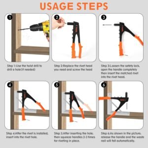 Meiwaltee Rivet Gun,Professional Pop Rivet Gun Kit with 200Pcs Rivets, 3/32"-1/8"-5/32"-3/16", Heavy Hand Riveter kit Suitable for Metal Work, Gutter, Automotive and Other Common DIY Projects - Image 5