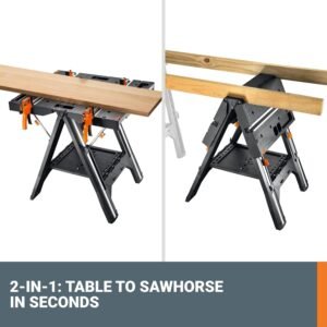 Worx Pegasus 2-in-1 Folding Work Table & Sawhorse, Easy Setup Portable Workbench, 31" W x 25" D x 32" H Lightweight Worktable with Heavy-Duty Load Capacity, WX051 - Includes 2 Clamps & 4 Clamp Dogs - Image 4