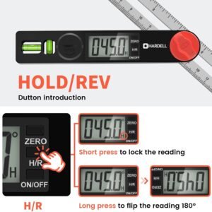 HARDELL Digital Angle Finder, 8 inch 230mm T-Bevel Protractor Ruler, Horizontal Vertical Bubble levels with Large LED Screen, 0-338 Degree Angle Measuring Tool, Suitable for Carpenters, Woodworkers - Image 5