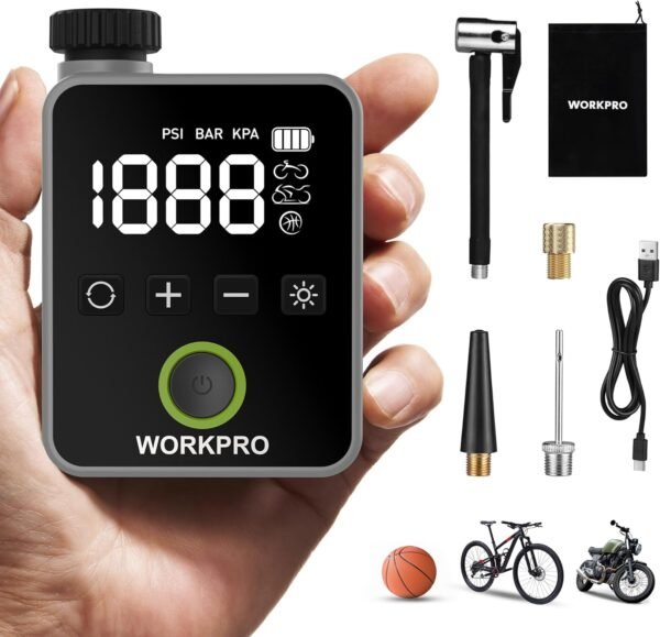 WORKPRO Mini Electric Bike Pump, 140 PSI Portable Bicycle Tire Pump with Gauge, Digital Display, Auto Shut-Off, 3 Modes, LED Light, Fast Inflate Bike Tire Pump for Motorcycle, Bicycle, Balls 2 71XUtEwMBuL. AC SL1500
