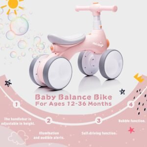 Baby Toddler Balance Bike with Bubble Machine for 1 Year Old Children,4 Wheels Kids Balance Bike w/Bubble Maker,Kids Ride on Toys,Headlight for Ages 12-36 Months Boys Girls (Pink&Orange) - Image 3