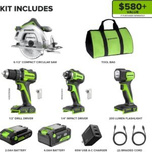 GREENWORKS 24V (4-TOOL) Combo (1/2” Drill + 1/4” Impact Driver + 6.5” Circular Saw + 200Lm Flashlight), 4.0Ah + 2.0Ah Batteries (24,000mAh Power Bank), (2) Braided Cables, 65W Rapid Charger 31 GREENWORKS 24V (4-TOOL) Combo (1/2” Drill + 1/4” Impact Driver + 6.5” Circular Saw + 200Lm Flashlight), 4.0Ah + 2.0Ah Batteries (24,000mAh Power Bank), (2) Braided Cables, 65W Rapid Charger - Image 3