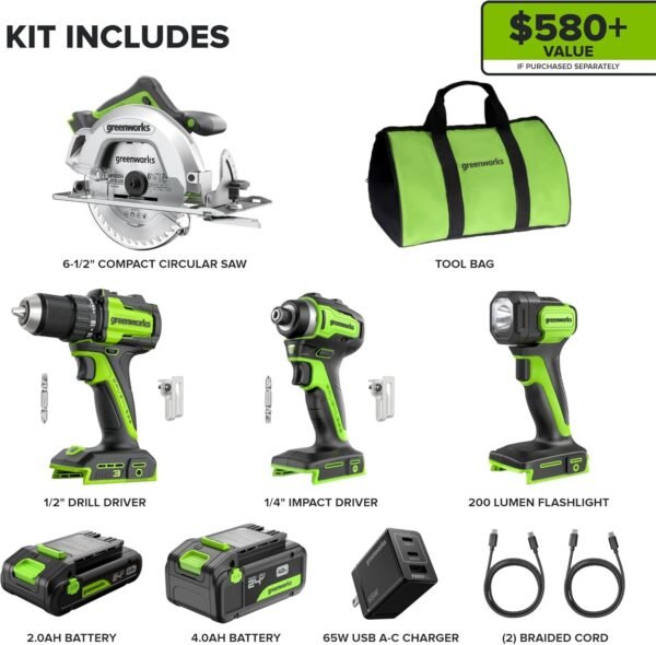 GREENWORKS 24V (4-TOOL) Combo (1/2” Drill + 1/4” Impact Driver + 6.5” Circular Saw + 200Lm Flashlight), 4.0Ah + 2.0Ah Batteries (24,000mAh Power Bank), (2) Braided Cables, 65W Rapid Charger 3 71YCPJ8q0JL. AC SL1500