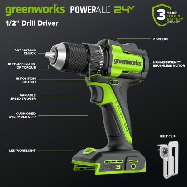 GREENWORKS 24V 1/2” Brushless Cordless Drill (400 In-lbs.) + 6.5” Circular Saw (4,800 RPM), (2) 2.0Ah (12,000mAh Power Bank) USB-C Batteries, Braided Cable, 65W Rapid Charger 7 71YYhNwpXVL. AC SL1500