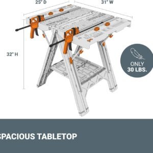 Worx Pegasus 2-in-1 Folding Work Table & Sawhorse, Easy Setup Portable Workbench, 31" W x 25" D x 32" H Lightweight Worktable with Heavy-Duty Load Capacity, WX051 - Includes 2 Clamps & 4 Clamp Dogs - Image 5