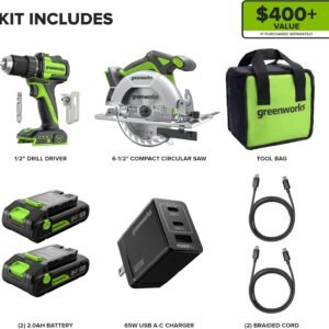 GREENWORKS 24V 1/2” Brushless Cordless Drill (400 In-lbs.) + 6.5” Circular Saw (4,800 RPM), (2) 2.0Ah (12,000mAh Power Bank) USB-C Batteries, Braided Cable, 65W Rapid Charger 23 GREENWORKS 24V 1/2” Brushless Cordless Drill (400 In-lbs.) + 6.5” Circular Saw (4,800 RPM), (2) 2.0Ah (12,000mAh Power Bank) USB-C Batteries, Braided Cable, 65W Rapid Charger - Image 3