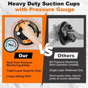 2 Pack 8" Glass Suction Cups with Pressure Gauge – Heavy Duty Vacuum Suction Cups for Lifting Large Glass, Tiles, and Windshields – 880 lbs Max Load, Powerful Industrial Lifter Tool with Carrying Case - Image 4