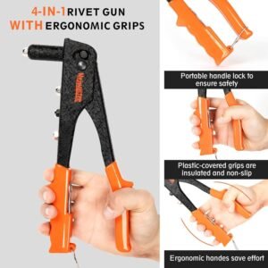 Meiwaltee Rivet Gun,Professional Pop Rivet Gun Kit with 200Pcs Rivets, 3/32"-1/8"-5/32"-3/16", Heavy Hand Riveter kit Suitable for Metal Work, Gutter, Automotive and Other Common DIY Projects - Image 6