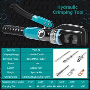 10 Tons Hydraulic Crimping Tool with 9 Dies - Battery Cable Crimper Tool & Wire Rope Crimping Tool for 12 to 2/0 AWG, 1/16" 1/8" 3/16" Stainless Steel Cable Railing Tool - Image 4