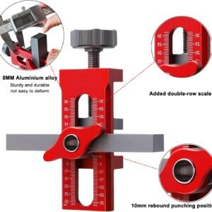 Cabinet Door Installation Jig, 2-in-1 Mounting Tool with Adjustable Positioner, Aluminium Alloy Versatile Cabinet Door Positioning Tool for Most Cabinet Doors with 3 Drill Bits (Red) - Image 4