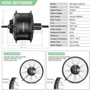 BAFANG 48V1000W Rear Hub Motor Kit - Snow Ebike Conversion Kit for 20"/26" Fat Tire Rear Wheel Bikes for Snow/Beach Bikes Electric Bike Conversion kit with Display & Battery (Optional) - Image 4