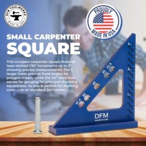 DFM Small Carpenters Work Tools w/Fixed Miter Angle Pin - Precision Woodworking - 3.5" x 3.75" Size for Pocket 1/16" Scribe Holes 5 x 1/4" Pin Holes - Made in USA - English Blue - Image 2