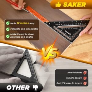 Saker Carpenrer Square Tool 12 inch: T Square Triangle Ruler Measuring Layout Tool - Gift,Multi-Purpose Carpenter Square,Rafter (Black) - Image 8