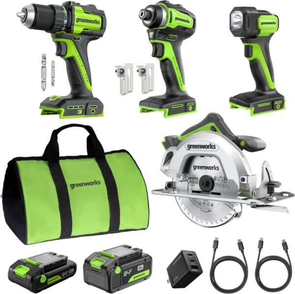 GREENWORKS 24V (4-TOOL) Combo (1/2” Drill + 1/4” Impact Driver + 6.5” Circular Saw + 200Lm Flashlight), 4.0Ah + 2.0Ah Batteries (24,000mAh Power Bank), (2) Braided Cables, 65W Rapid Charger 2 81BV1Fl7EEL. AC SL1500